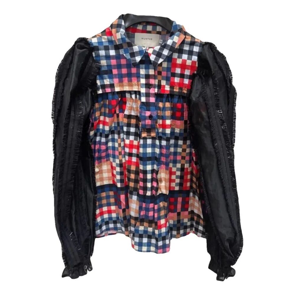 Munthe Women's Size 36 / Small Multicolor Check Black Puff Sleeve Cotton Blouse